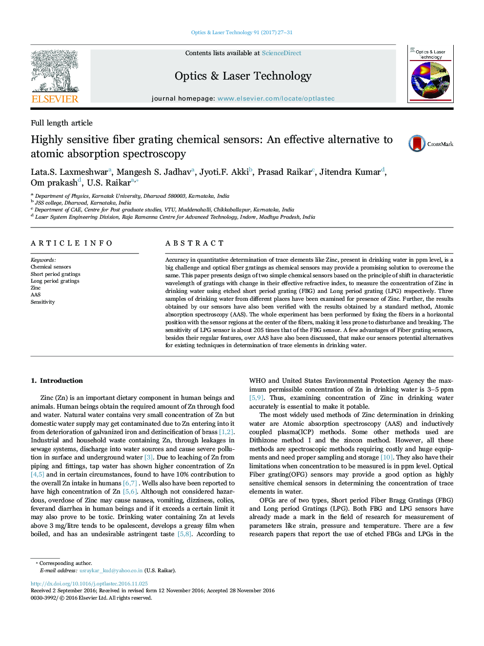 Highly sensitive fiber grating chemical sensors: An effective alternative to atomic absorption spectroscopy