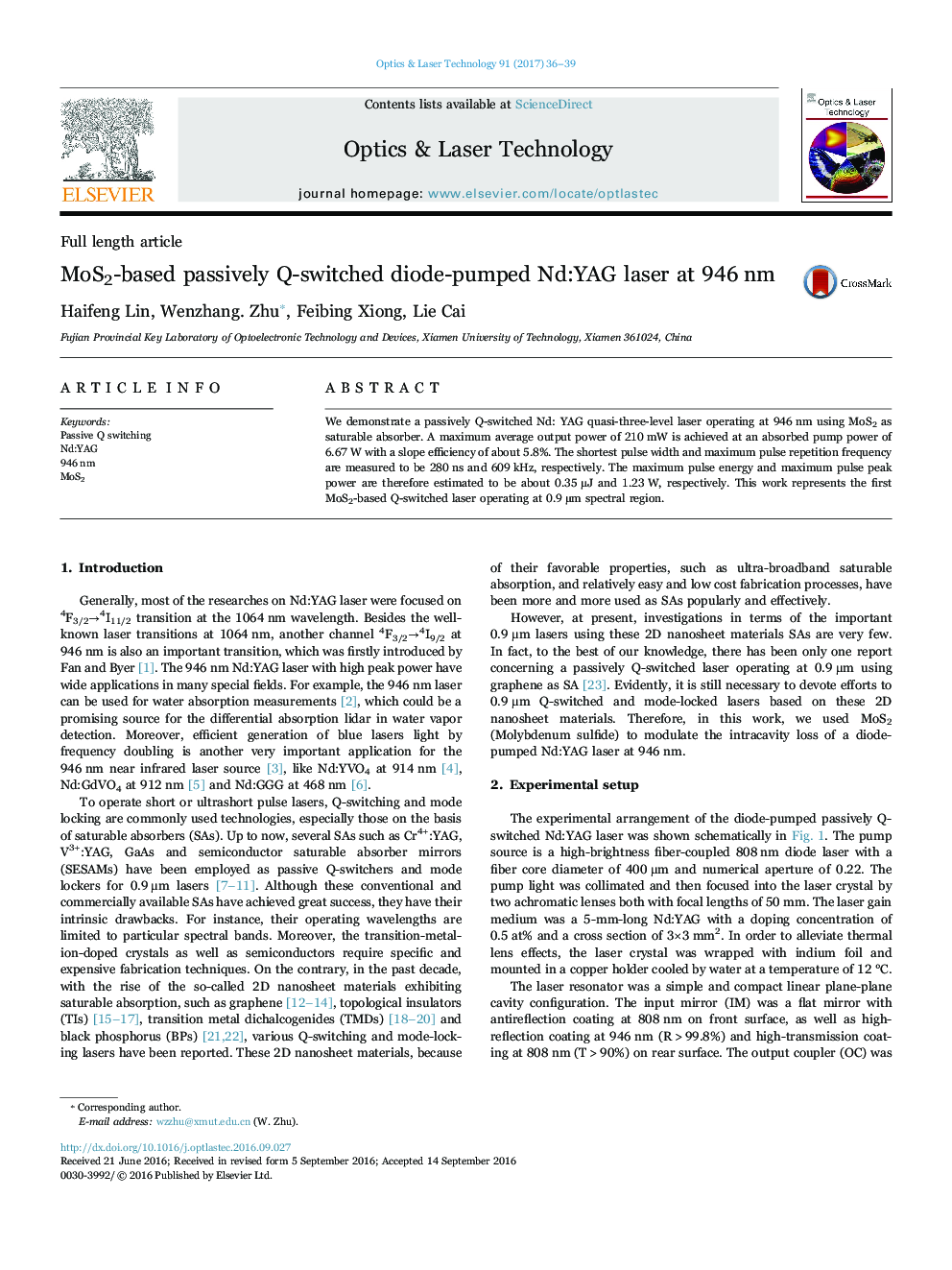 MoS2-based passively Q-switched diode-pumped Nd:YAG laser at 946Â nm