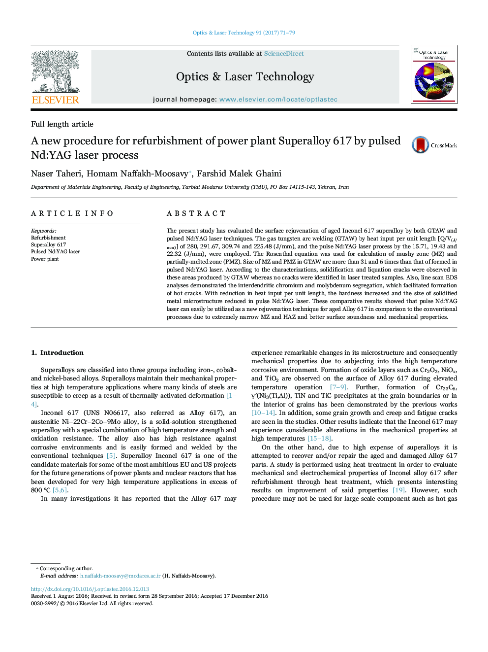 A new procedure for refurbishment of power plant Superalloy 617 by pulsed Nd:YAG laser process