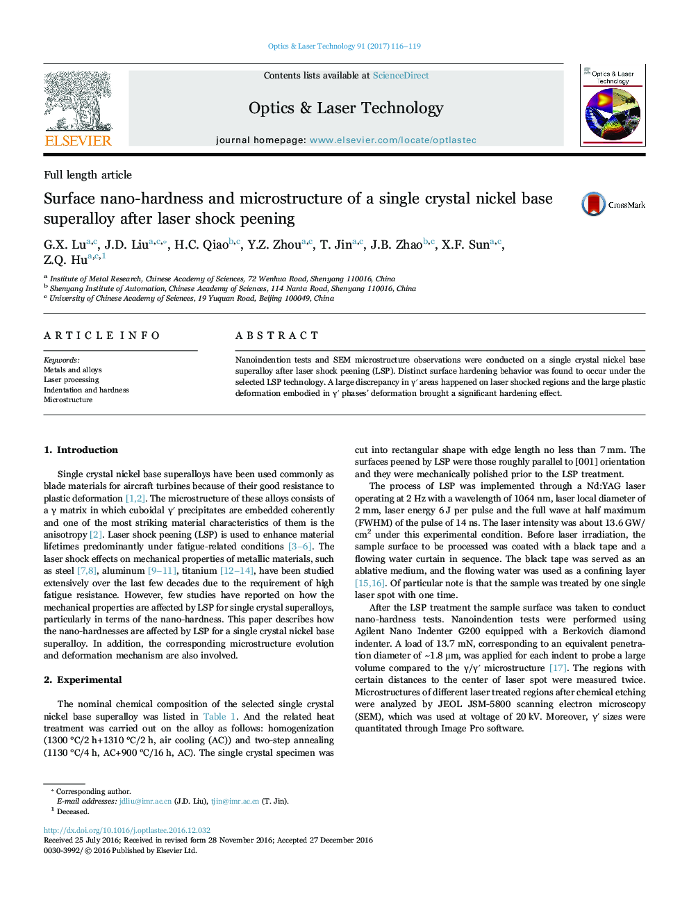 Surface nano-hardness and microstructure of a single crystal nickel base superalloy after laser shock peening