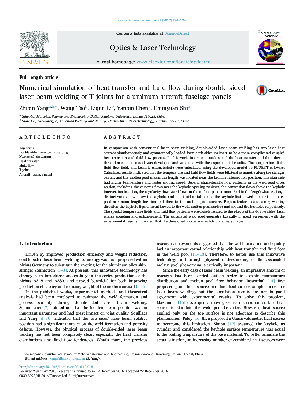 Numerical simulation of heat transfer and fluid flow during double-sided laser beam welding of T-joints for aluminum aircraft fuselage panels