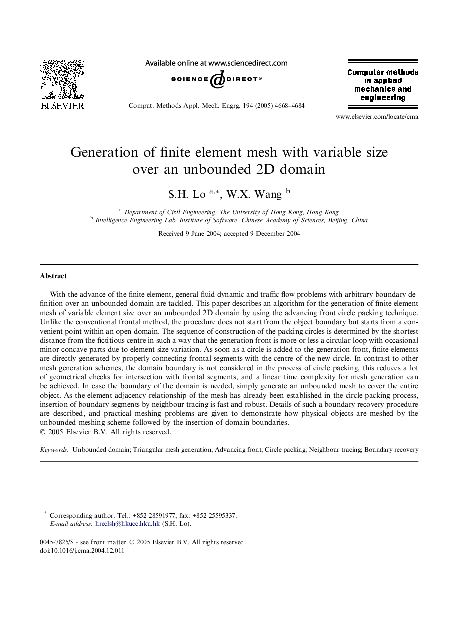 Generation of finite element mesh with variable size over an unbounded 2D domain