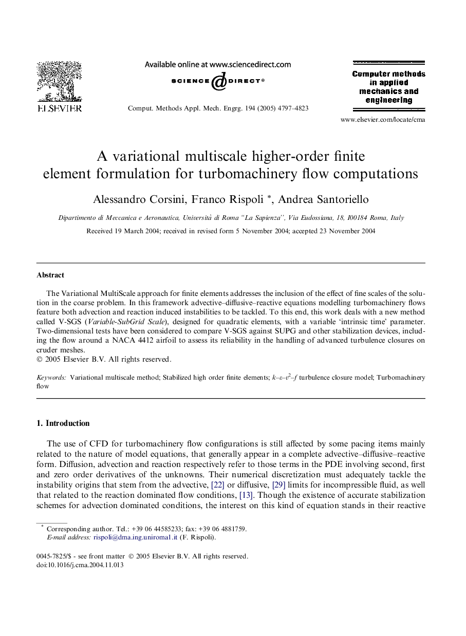 A variational multiscale higher-order finite element formulation for turbomachinery flow computations