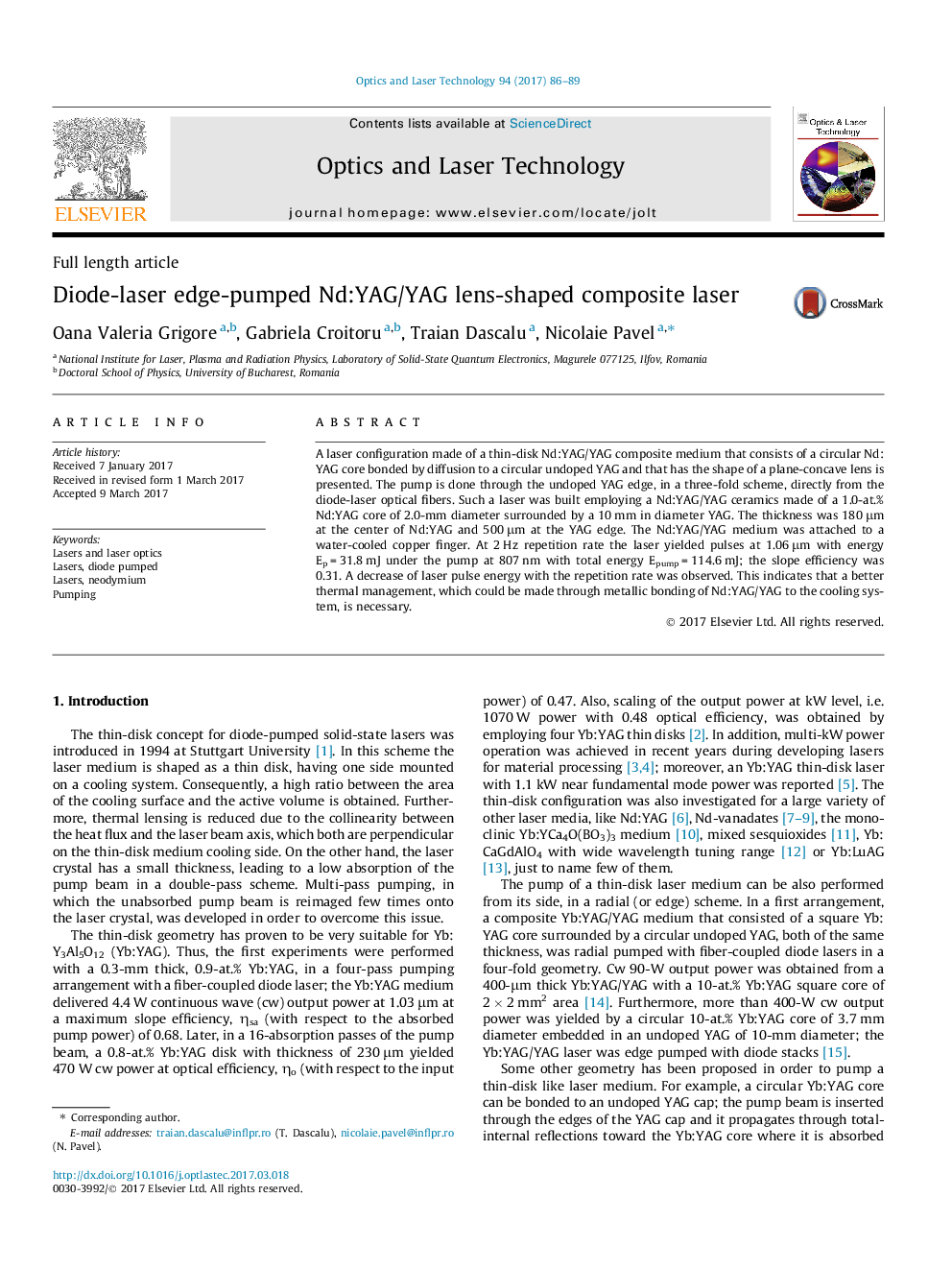 عکس صفحه اول مقاله: Diode-laser edge-pumped Nd:YAG/YAG lens-shaped composite laser Diode-laser edge-pumped Nd:YAG/YAG lens-shaped composite laser