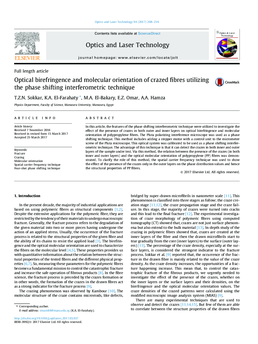 Optical birefringence and molecular orientation of crazed fibres utilizing the phase shifting interferometric technique