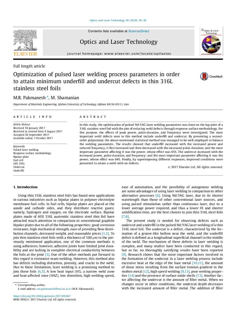 Optimization of pulsed laser welding process parameters in order to attain minimum underfill and undercut defects in thin 316L stainless steel foils