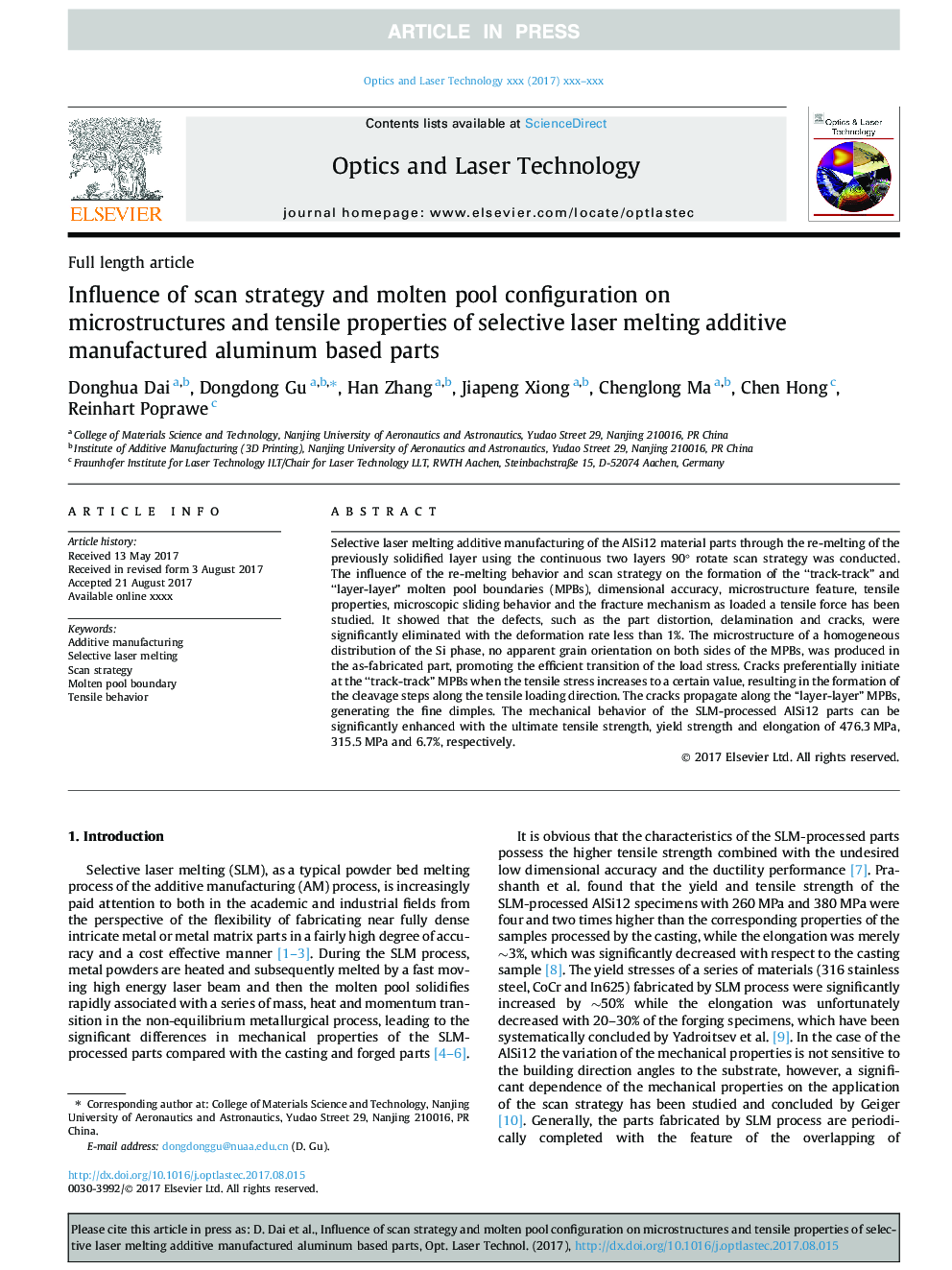 Influence of scan strategy and molten pool configuration on microstructures and tensile properties of selective laser melting additive manufactured aluminum based parts