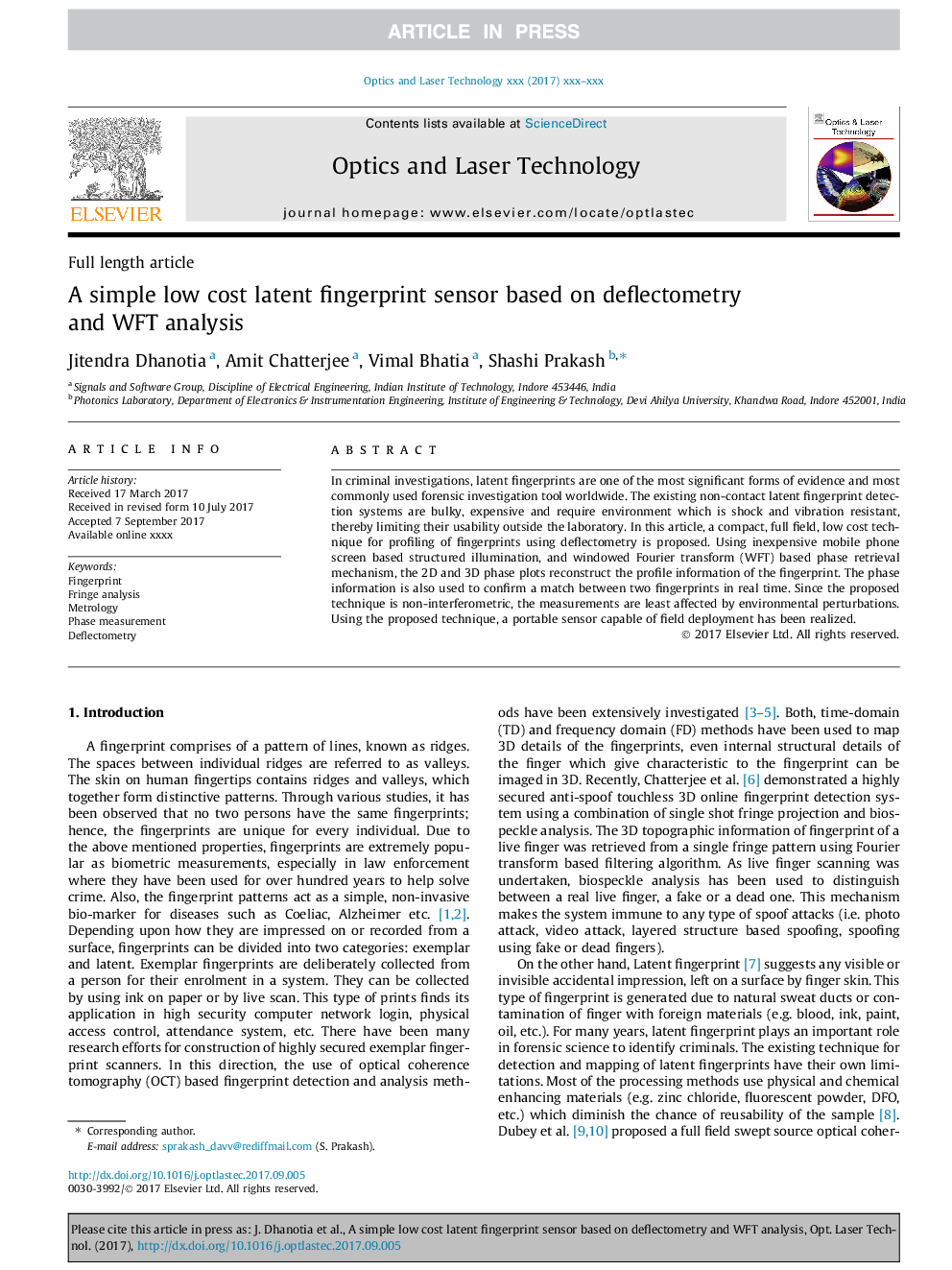 A simple low cost latent fingerprint sensor based on deflectometry and WFT analysis