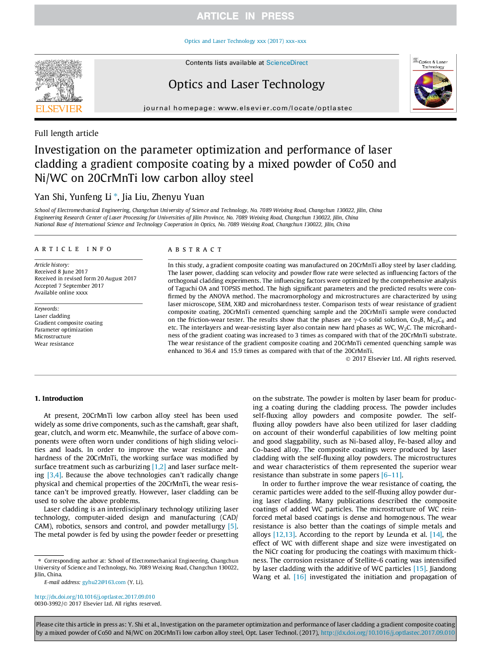 Investigation on the parameter optimization and performance of laser cladding a gradient composite coating by a mixed powder of Co50 and Ni/WC on 20CrMnTi low carbon alloy steel