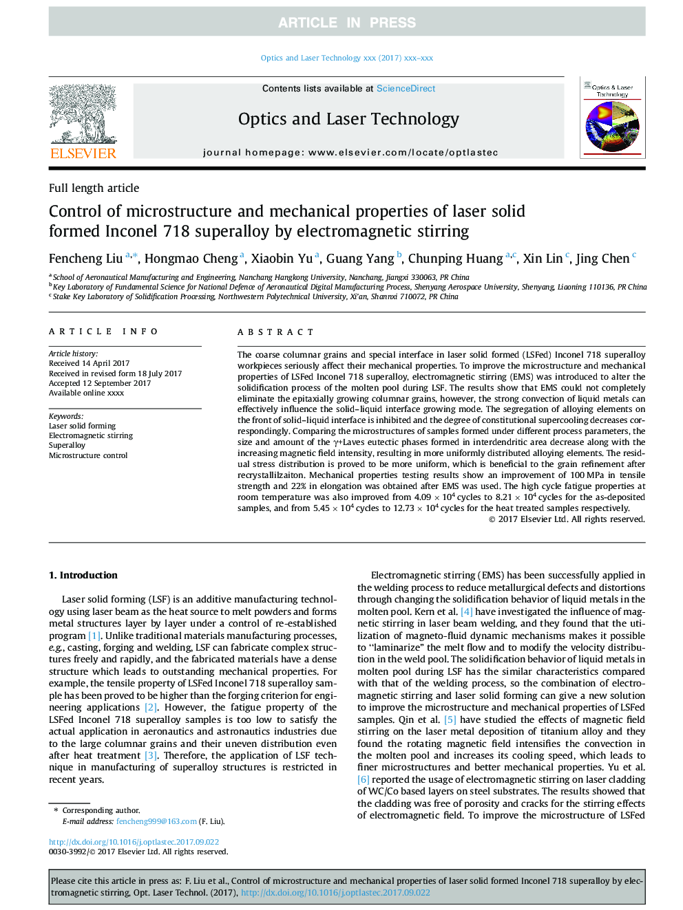 Control of microstructure and mechanical properties of laser solid formed Inconel 718 superalloy by electromagnetic stirring