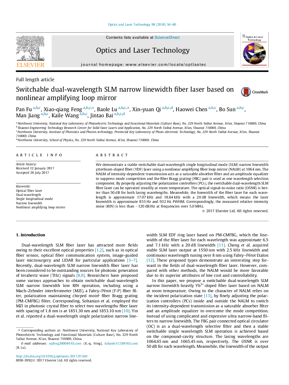 Switchable dual-wavelength SLM narrow linewidth fiber laser based on nonlinear amplifying loop mirror