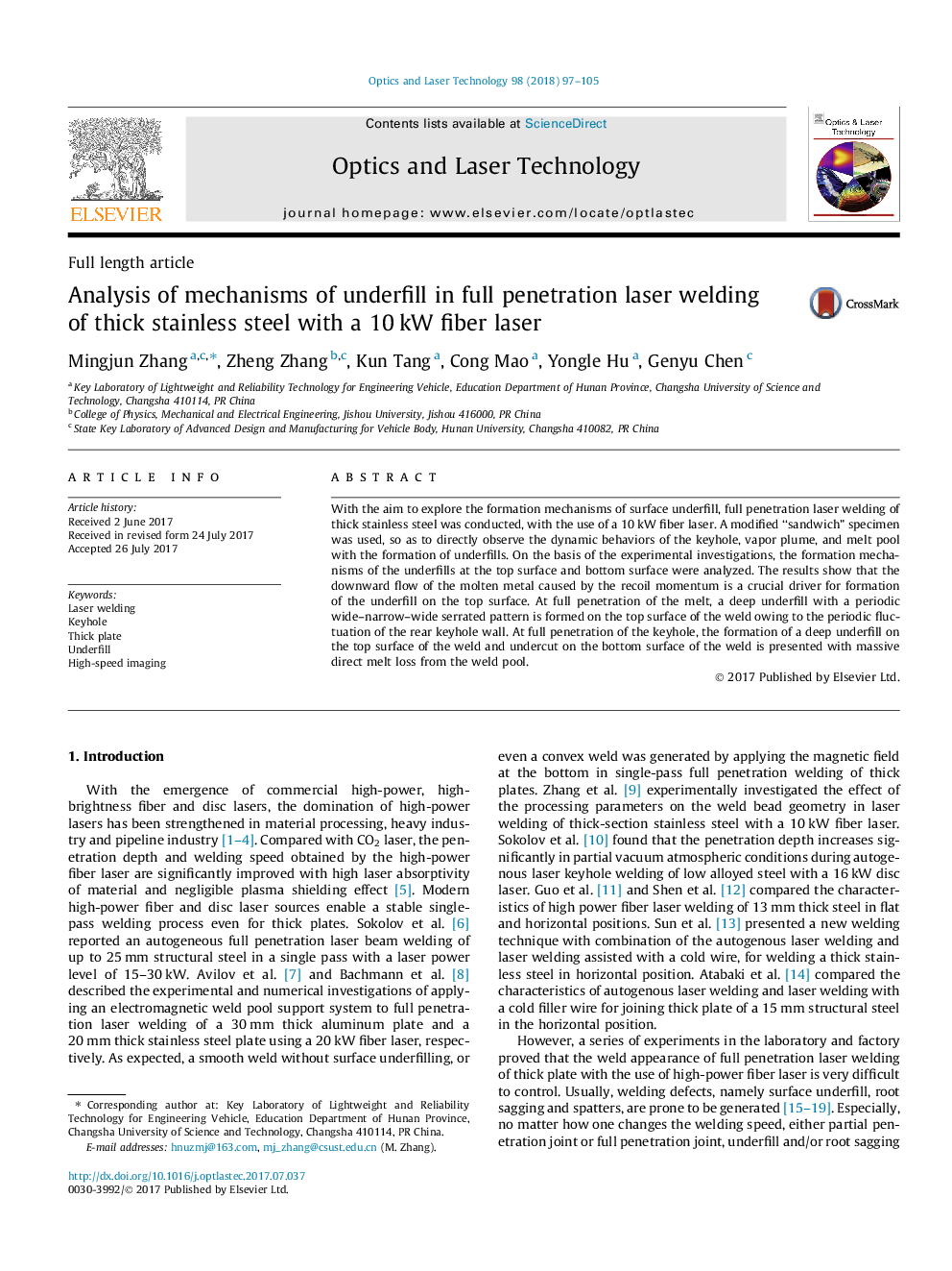 Analysis of mechanisms of underfill in full penetration laser welding of thick stainless steel with a 10Â kW fiber laser