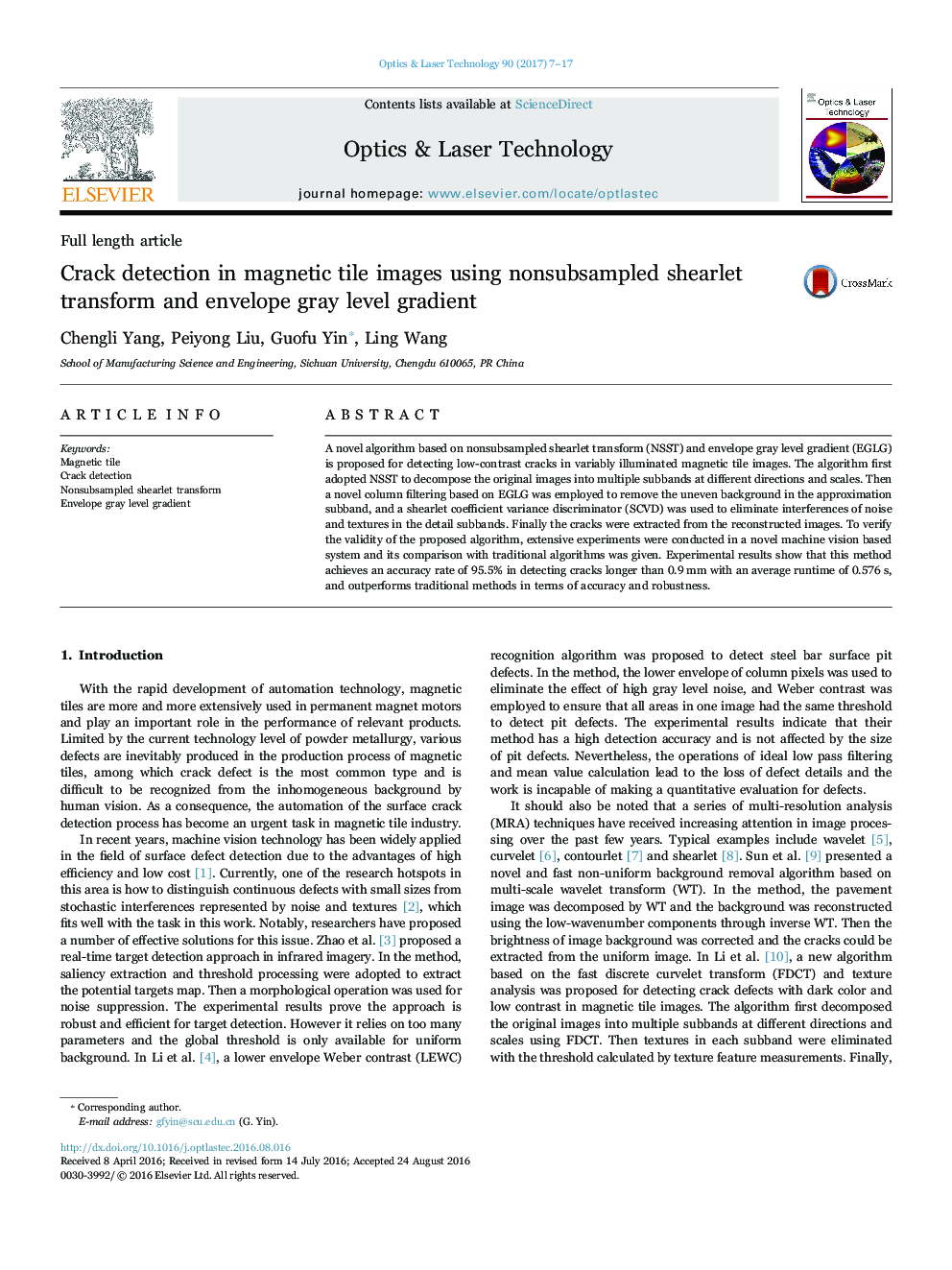 Crack detection in magnetic tile images using nonsubsampled shearlet transform and envelope gray level gradient