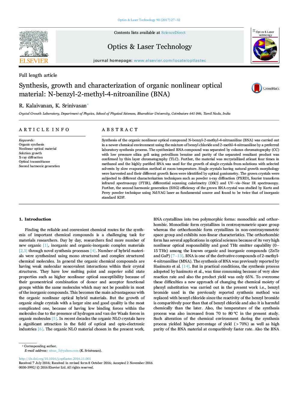 Synthesis, growth and characterization of organic nonlinear optical material: N-benzyl-2-methyl-4-nitroaniline (BNA)