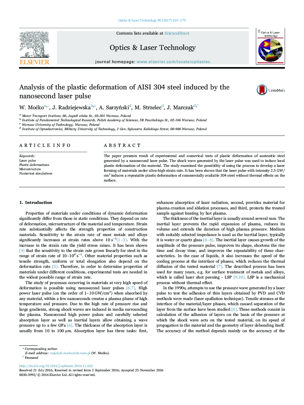 Analysis of the plastic deformation of AISI 304 steel induced by the nanosecond laser pulse