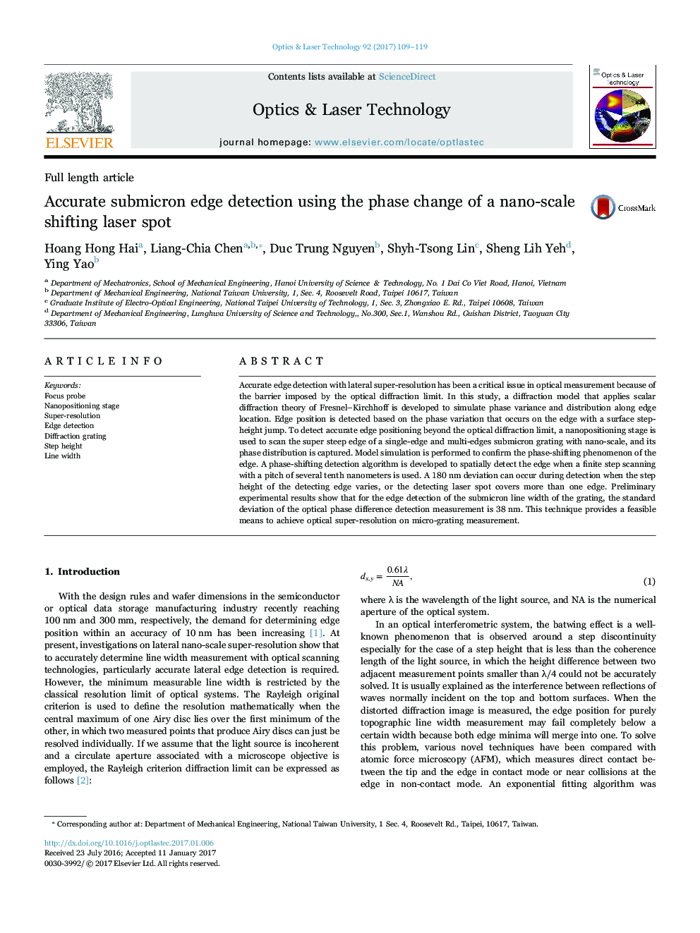 Accurate submicron edge detection using the phase change of a nano-scale shifting laser spot