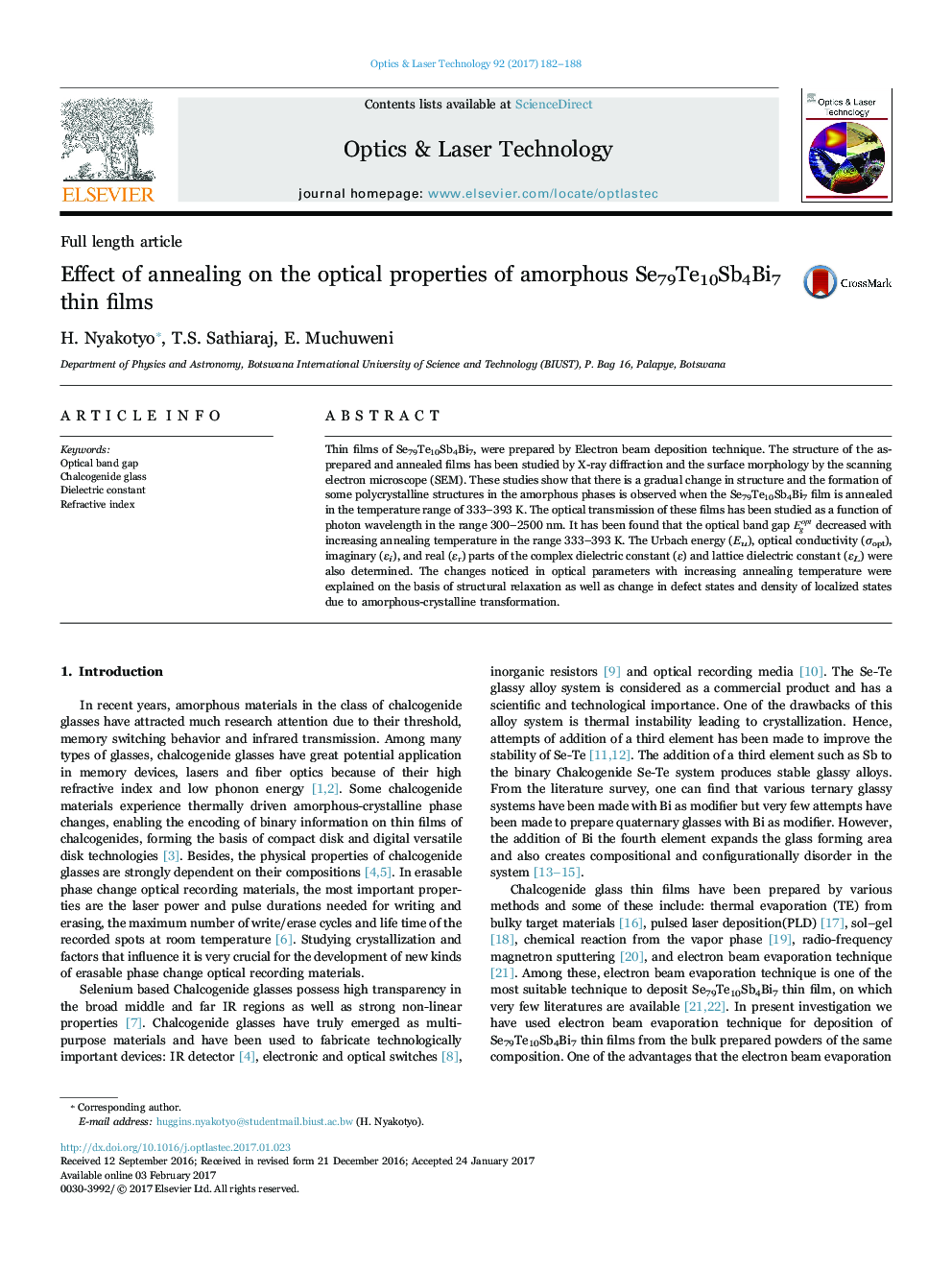 Effect of annealing on the optical properties of amorphous Se79Te10Sb4Bi7 thin films