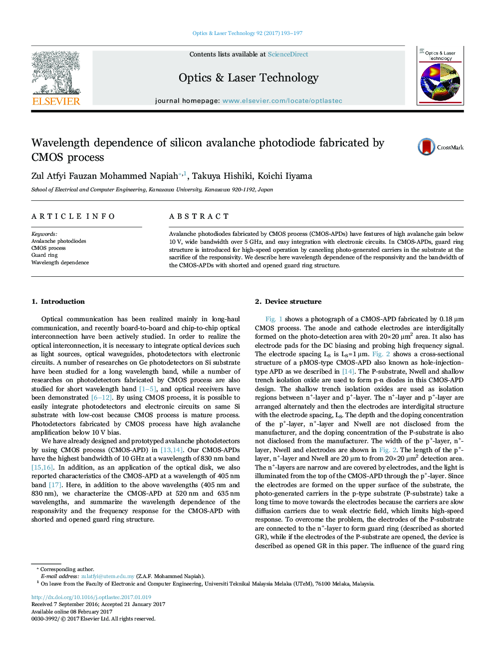 Wavelength dependence of silicon avalanche photodiode fabricated by CMOS process