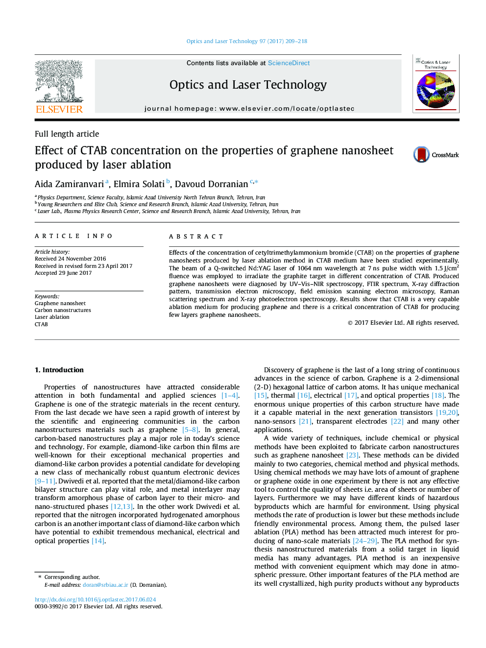 Effect of CTAB concentration on the properties of graphene nanosheet produced by laser ablation