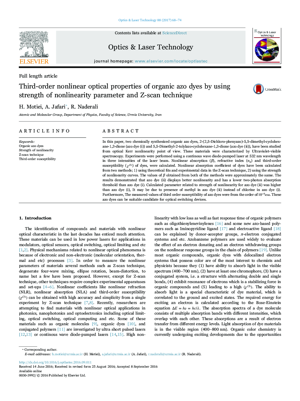 Third-order nonlinear optical properties of organic azo dyes by using strength of nonlinearity parameter and Z-scan technique