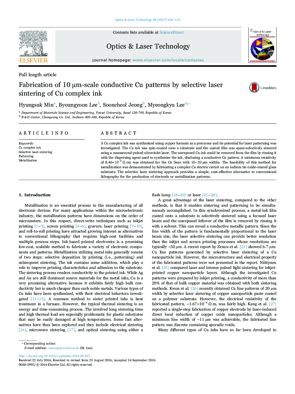 Fabrication of 10Â Âµm-scale conductive Cu patterns by selective laser sintering of Cu complex ink