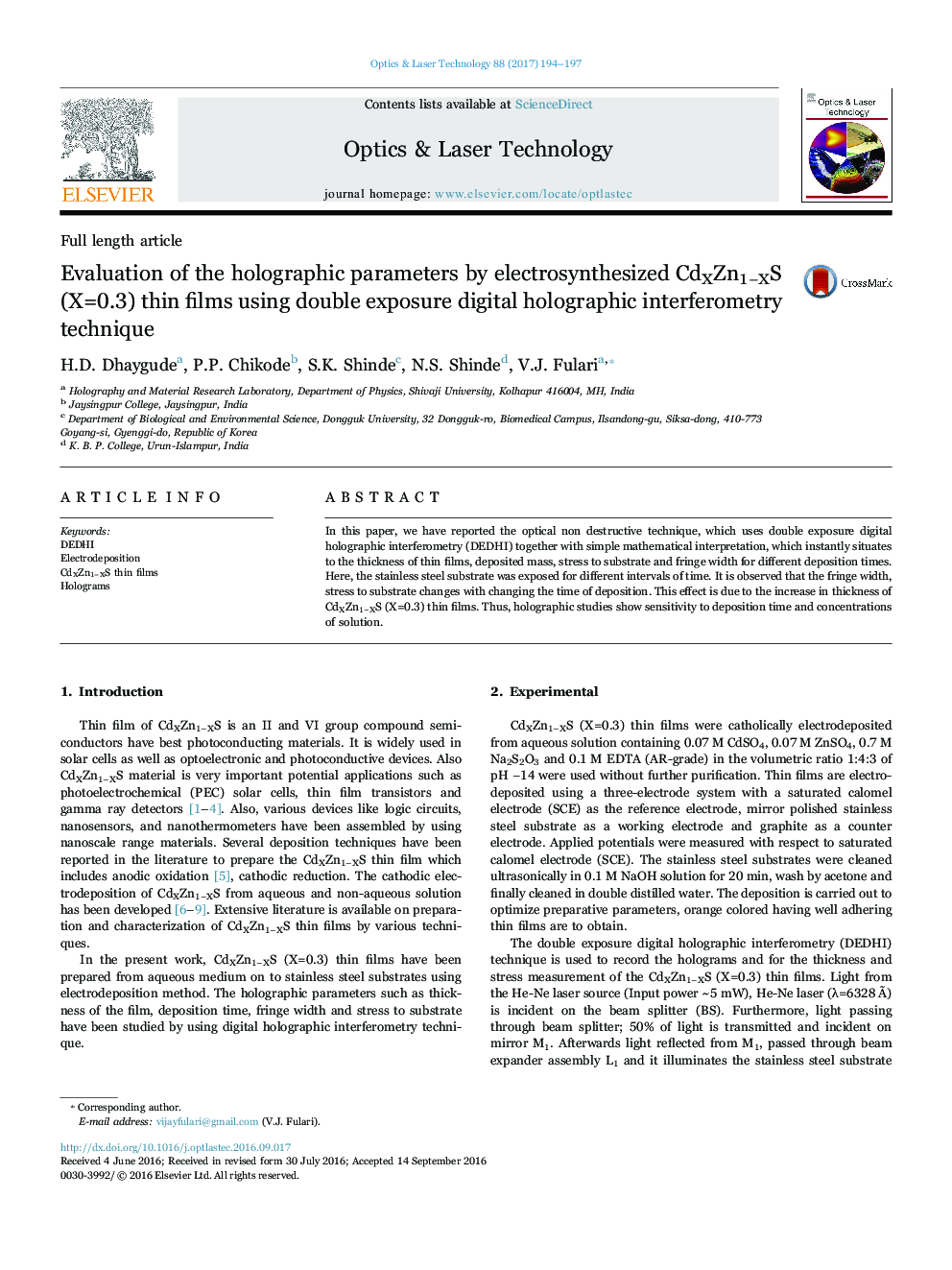 Evaluation of the holographic parameters by electrosynthesized CdXZn1âXS (X=0.3) thin films using double exposure digital holographic interferometry technique