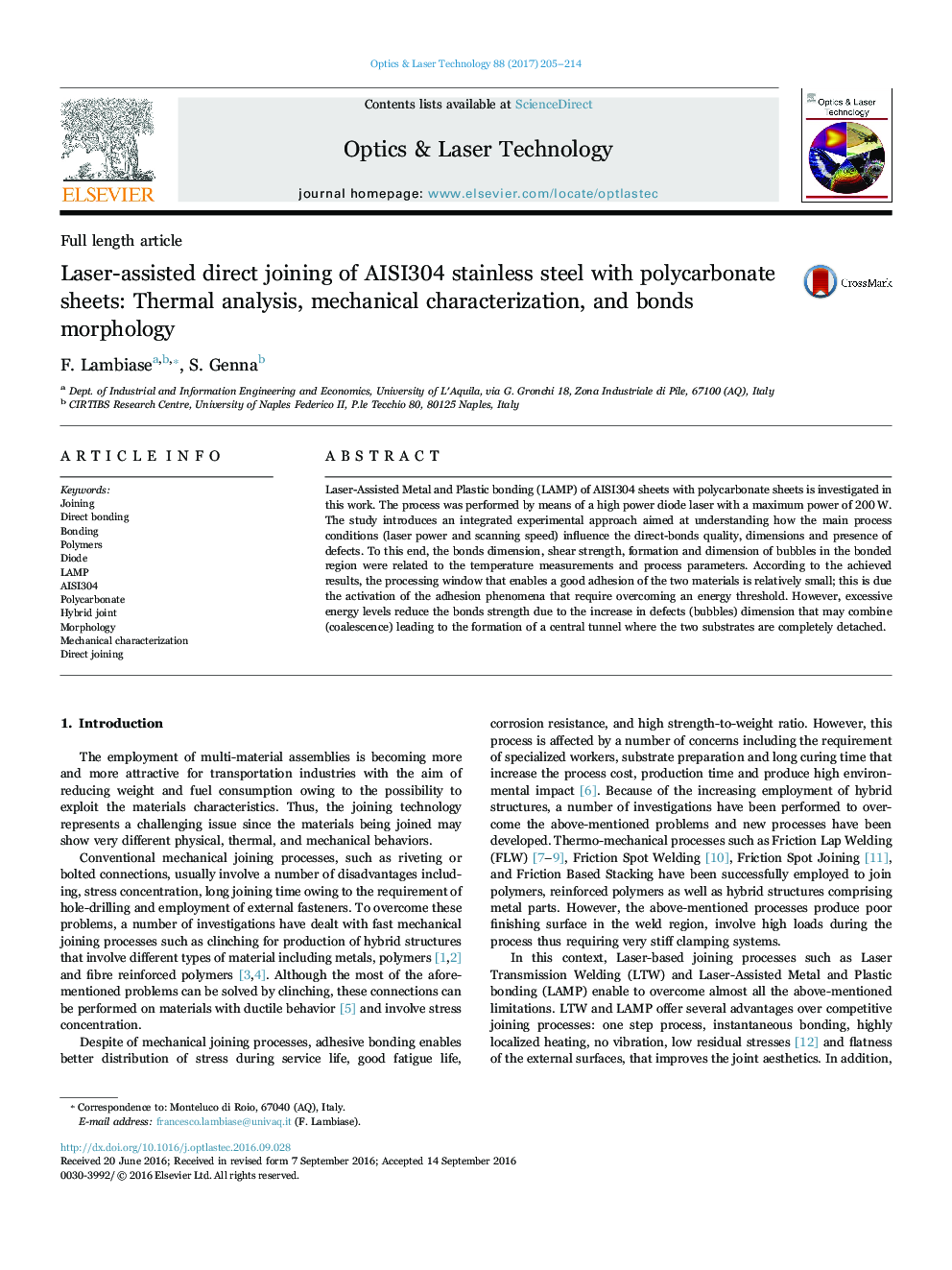 Laser-assisted direct joining of AISI304 stainless steel with polycarbonate sheets: Thermal analysis, mechanical characterization, and bonds morphology