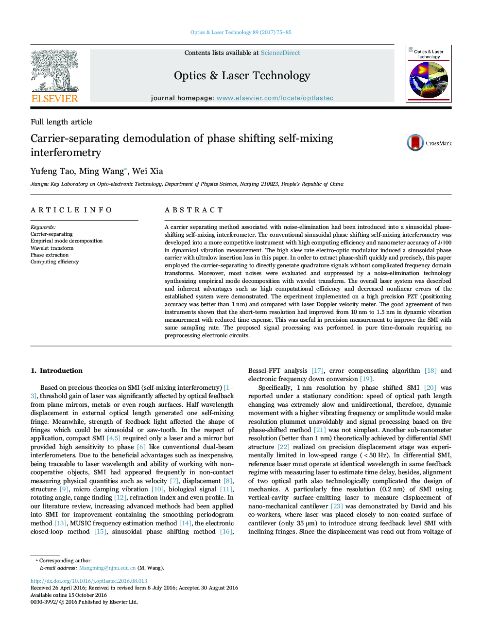 Carrier-separating demodulation of phase shifting self-mixing interferometry