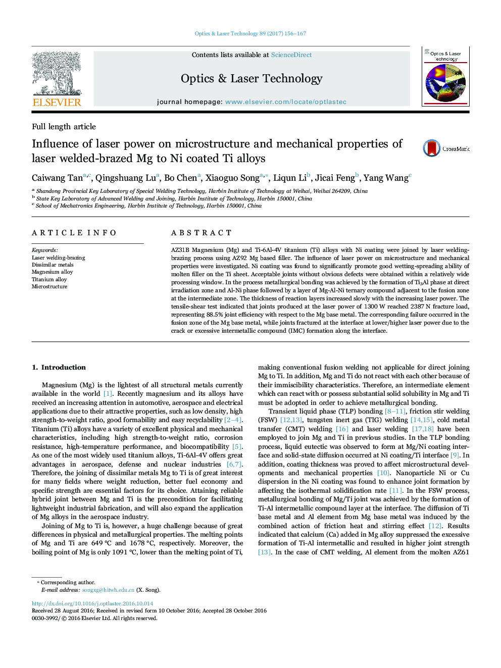 Influence of laser power on microstructure and mechanical properties of laser welded-brazed Mg to Ni coated Ti alloys