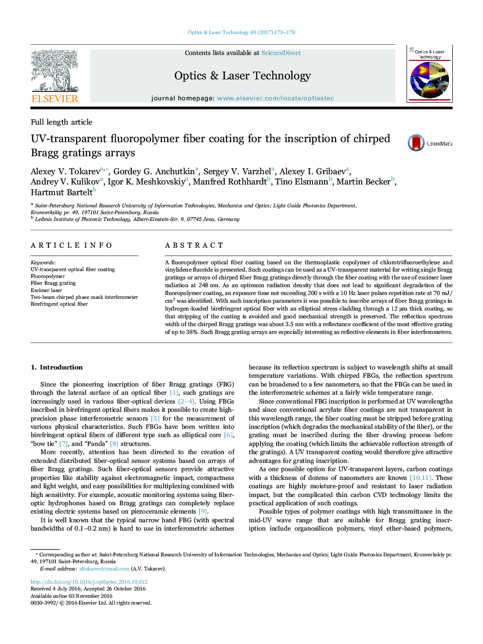 UV-transparent fluoropolymer fiber coating for the inscription of chirped Bragg gratings arrays