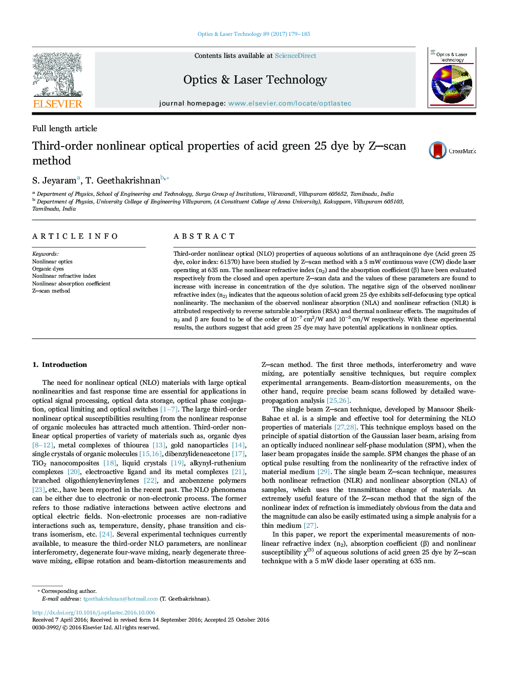 Third-order nonlinear optical properties of acid green 25 dye by Zâscan method