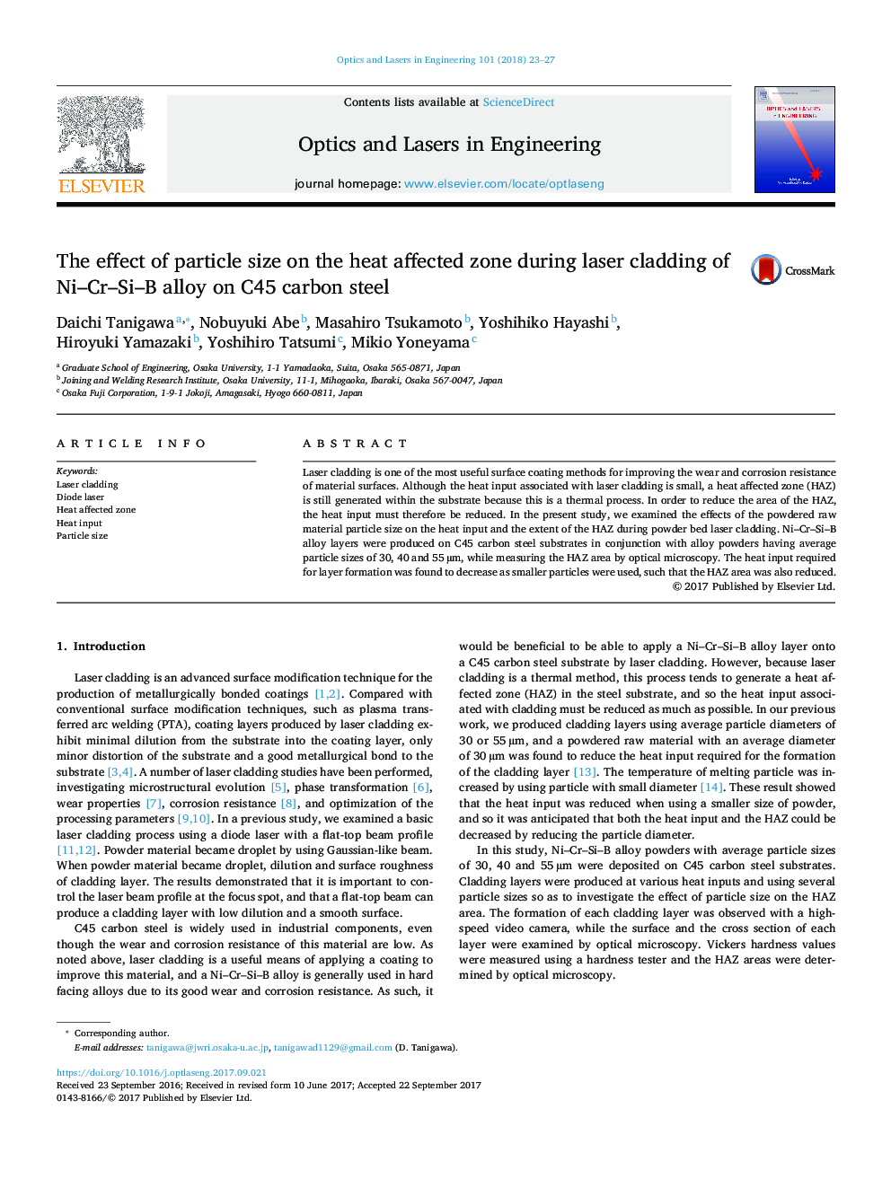 The effect of particle size on the heat affected zone during laser cladding of Ni-Cr-Si-B alloy on C45 carbon steel