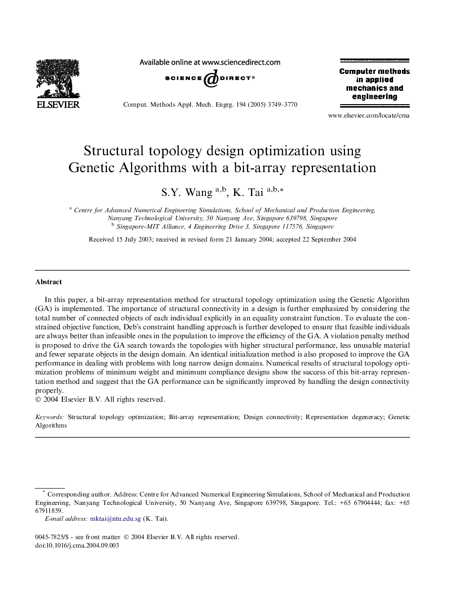 Structural topology design optimization using Genetic Algorithms with a bit-array representation