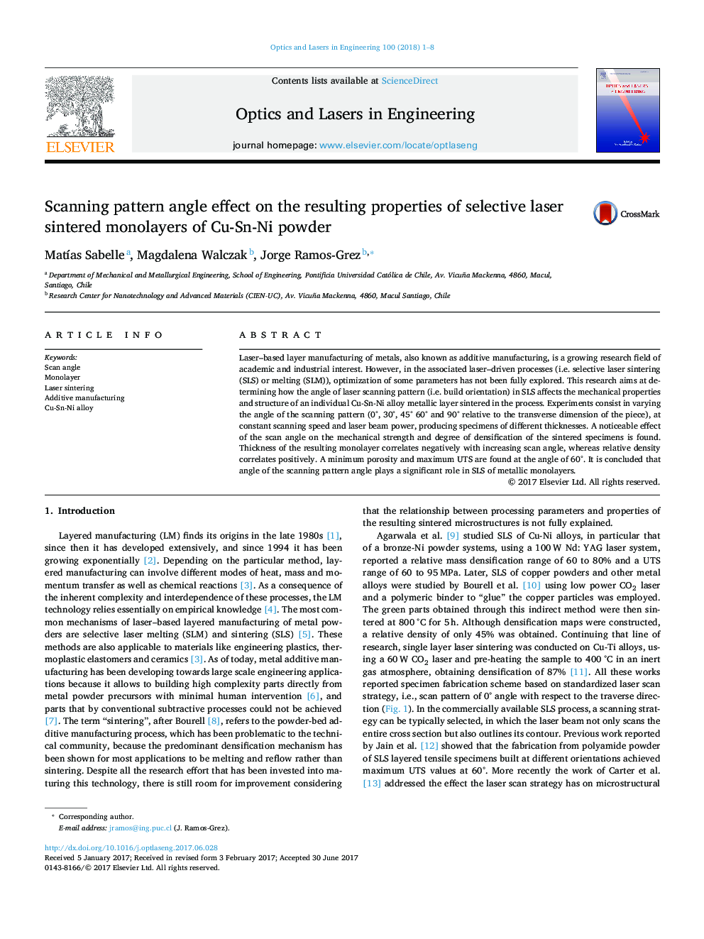 Scanning pattern angle effect on the resulting properties of selective laser sintered monolayers of Cu-Sn-Ni powder