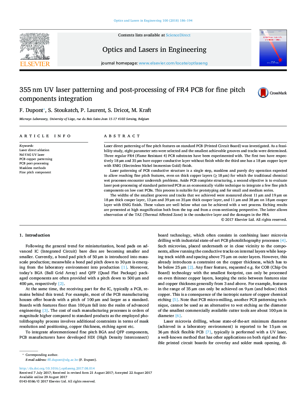 355â¯nm UV laser patterning and post-processing of FR4 PCB for fine pitch components integration