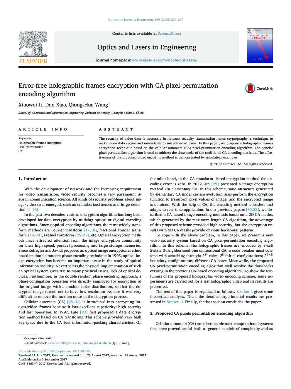 Error-free holographic frames encryption with CA pixel-permutation encoding algorithm