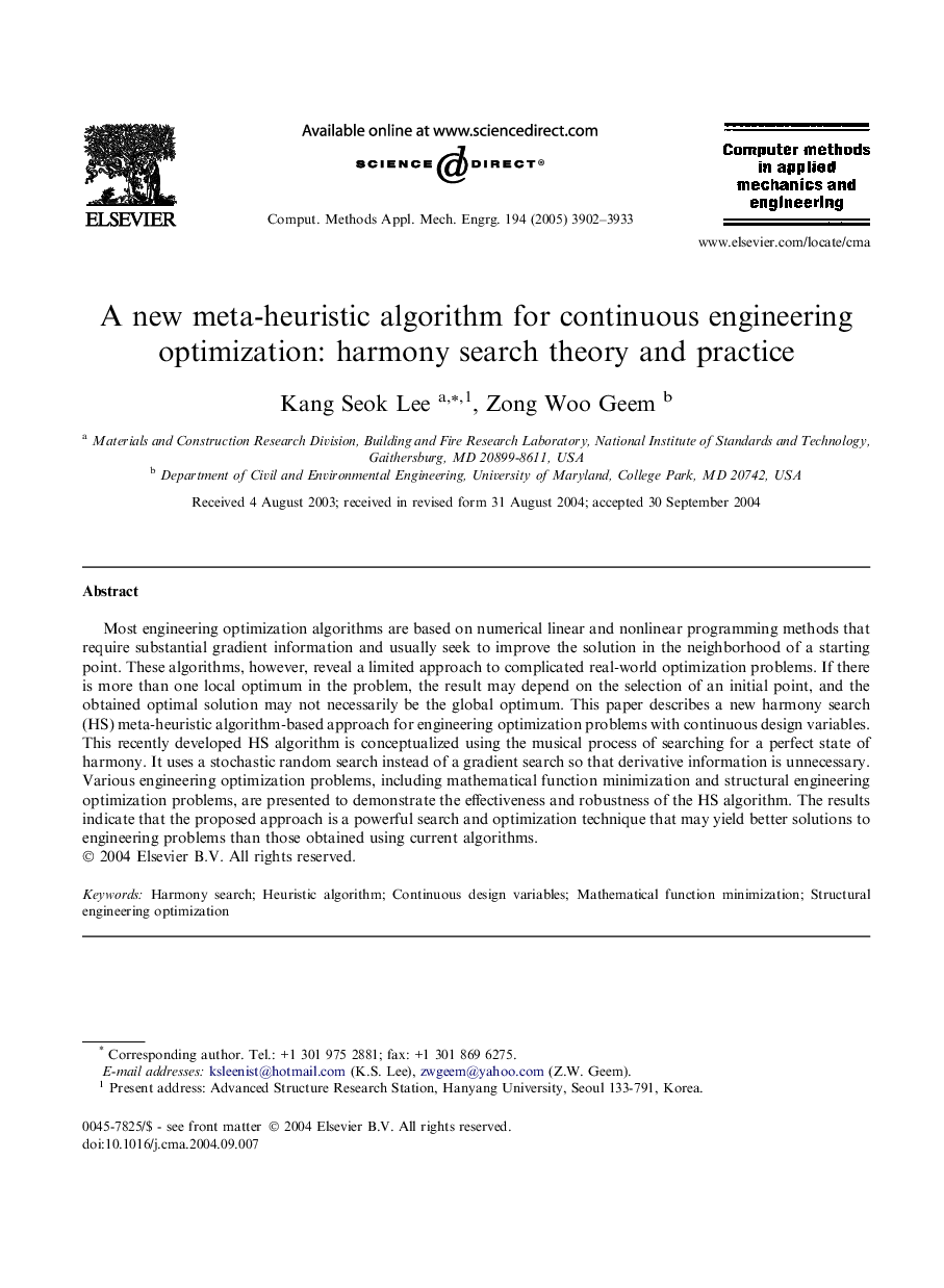 A new meta-heuristic algorithm for continuous engineering optimization: harmony search theory and practice