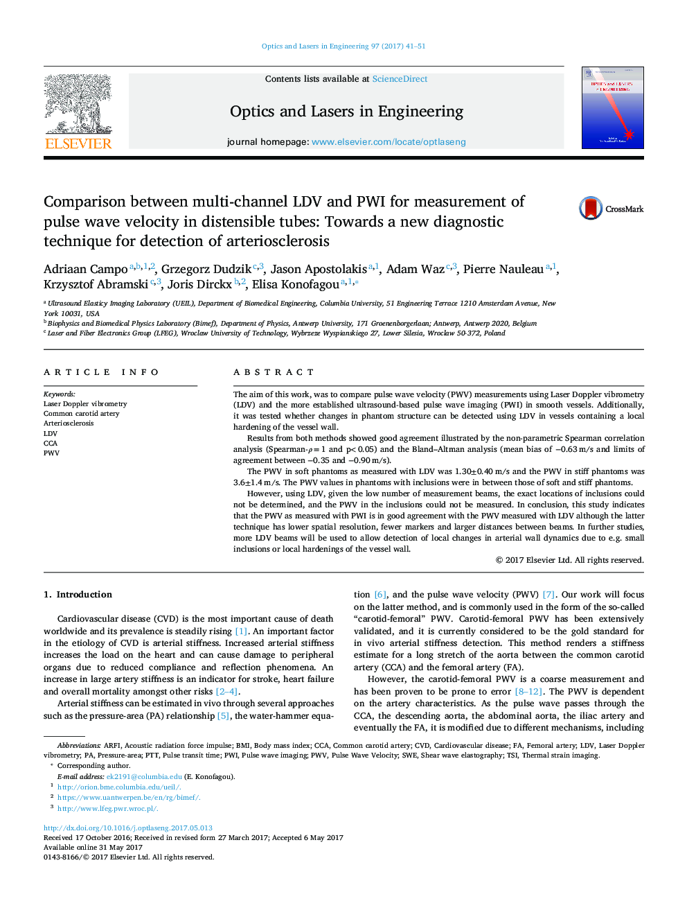 Comparison between multi-channel LDV and PWI for measurement of pulse wave velocity in distensible tubes: Towards a new diagnostic technique for detection of arteriosclerosis