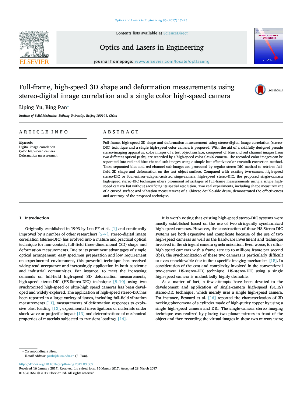 Full-frame, high-speed 3D shape and deformation measurements using stereo-digital image correlation and a single color high-speed camera