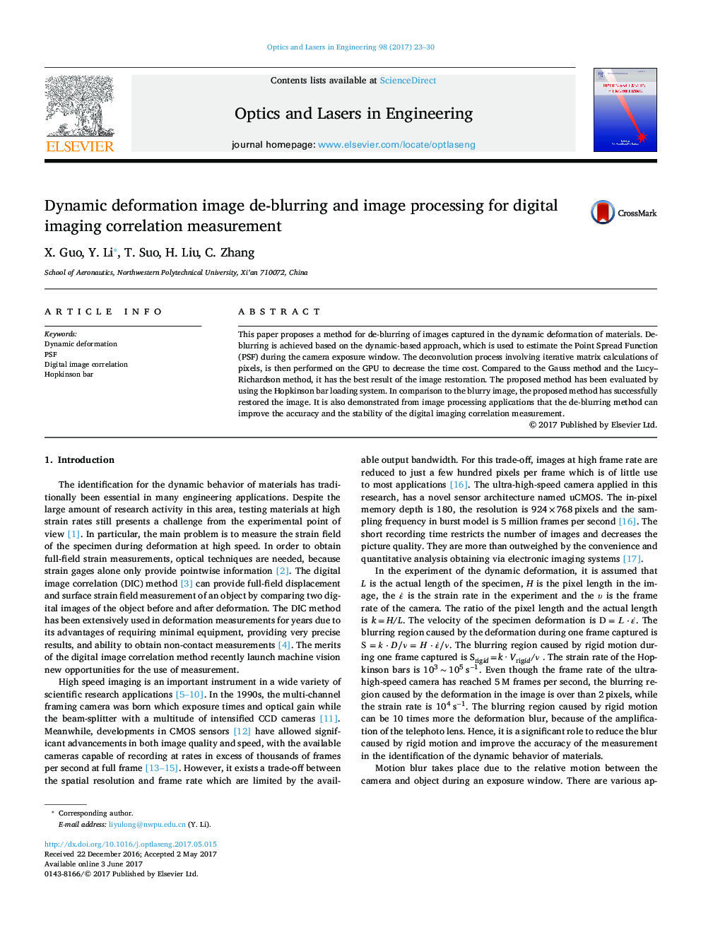 Dynamic deformation image de-blurring and image processing for digital imaging correlation measurement