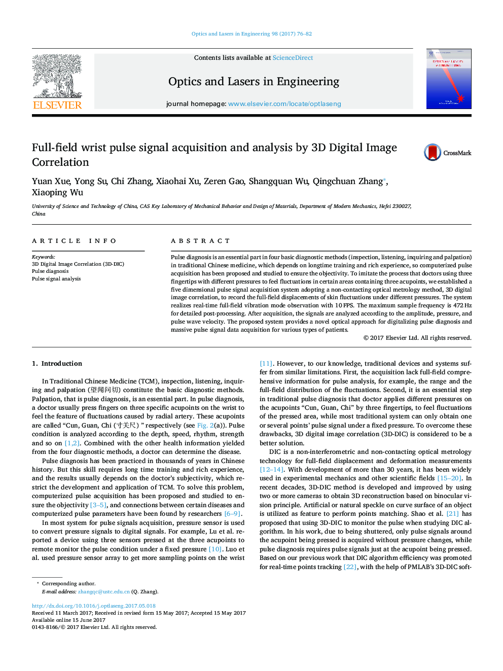 Full-field wrist pulse signal acquisition and analysis by 3D Digital Image Correlation