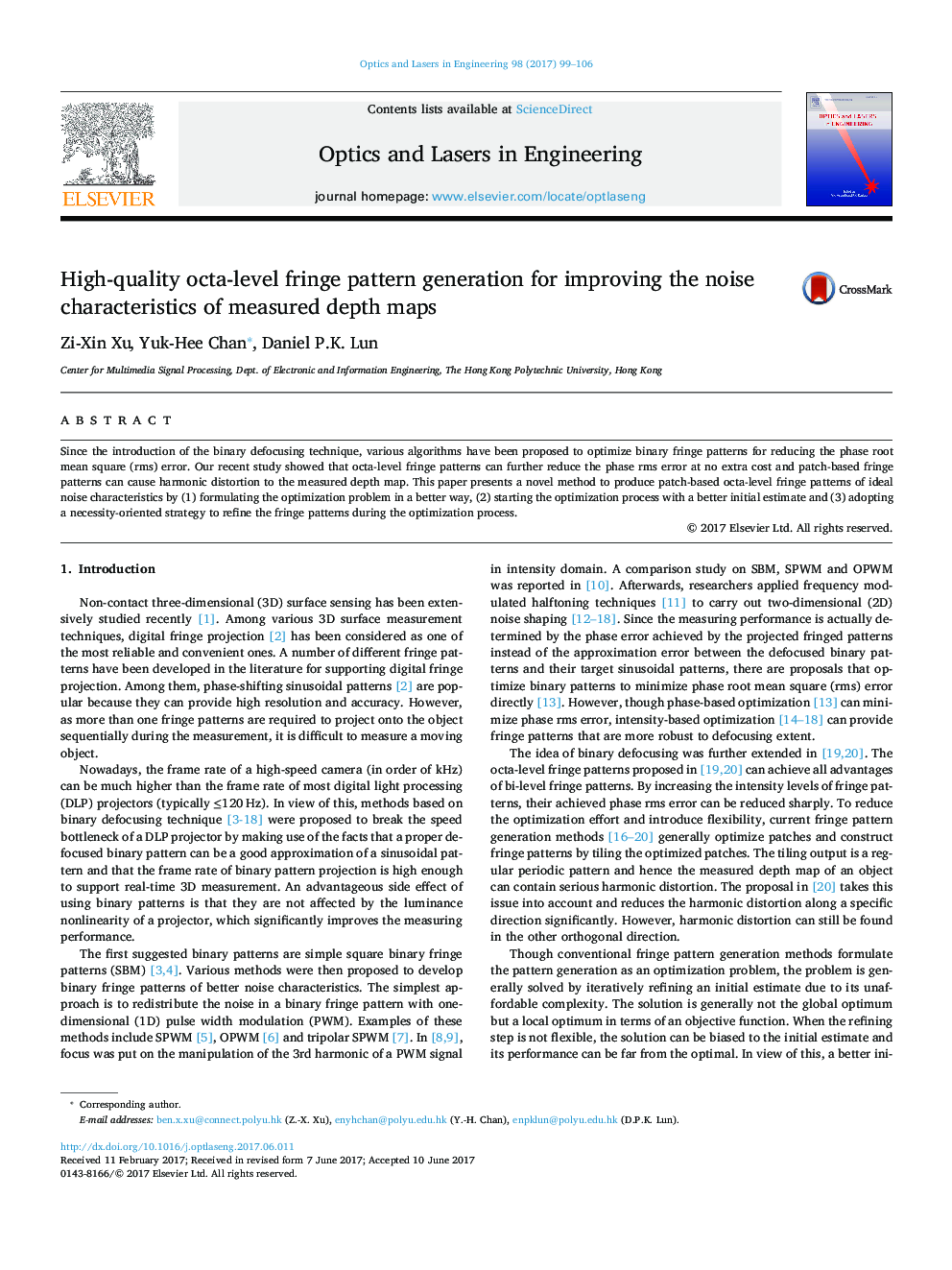 High-quality octa-level fringe pattern generation for improving the noise characteristics of measured depth maps