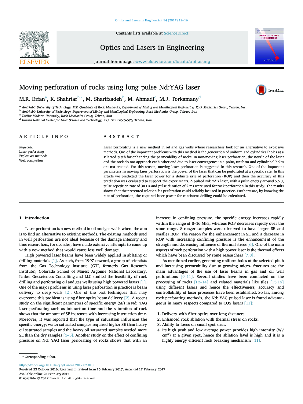 Moving perforation of rocks using long pulse Nd:YAG laser