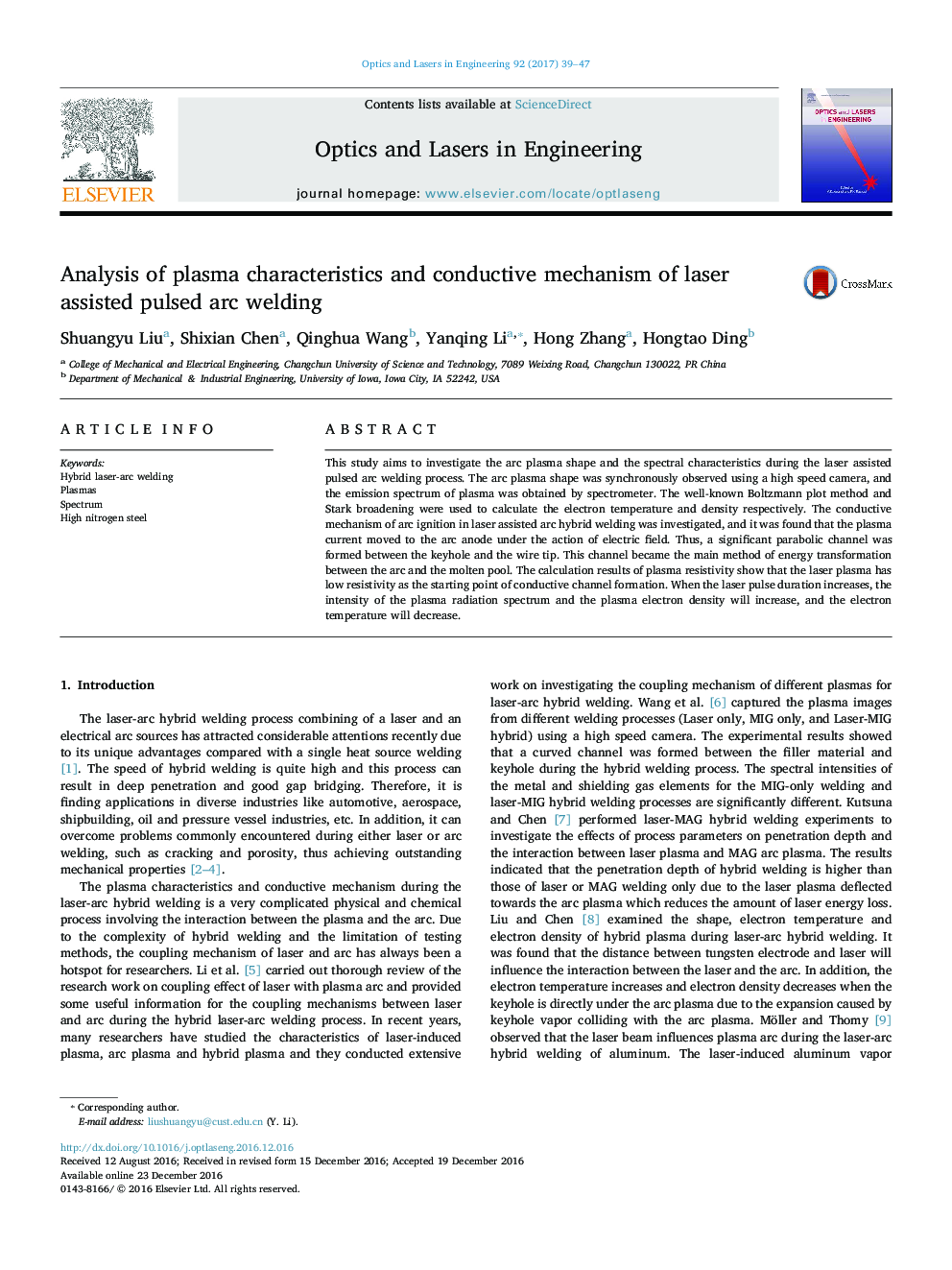 Analysis of plasma characteristics and conductive mechanism of laser assisted pulsed arc welding