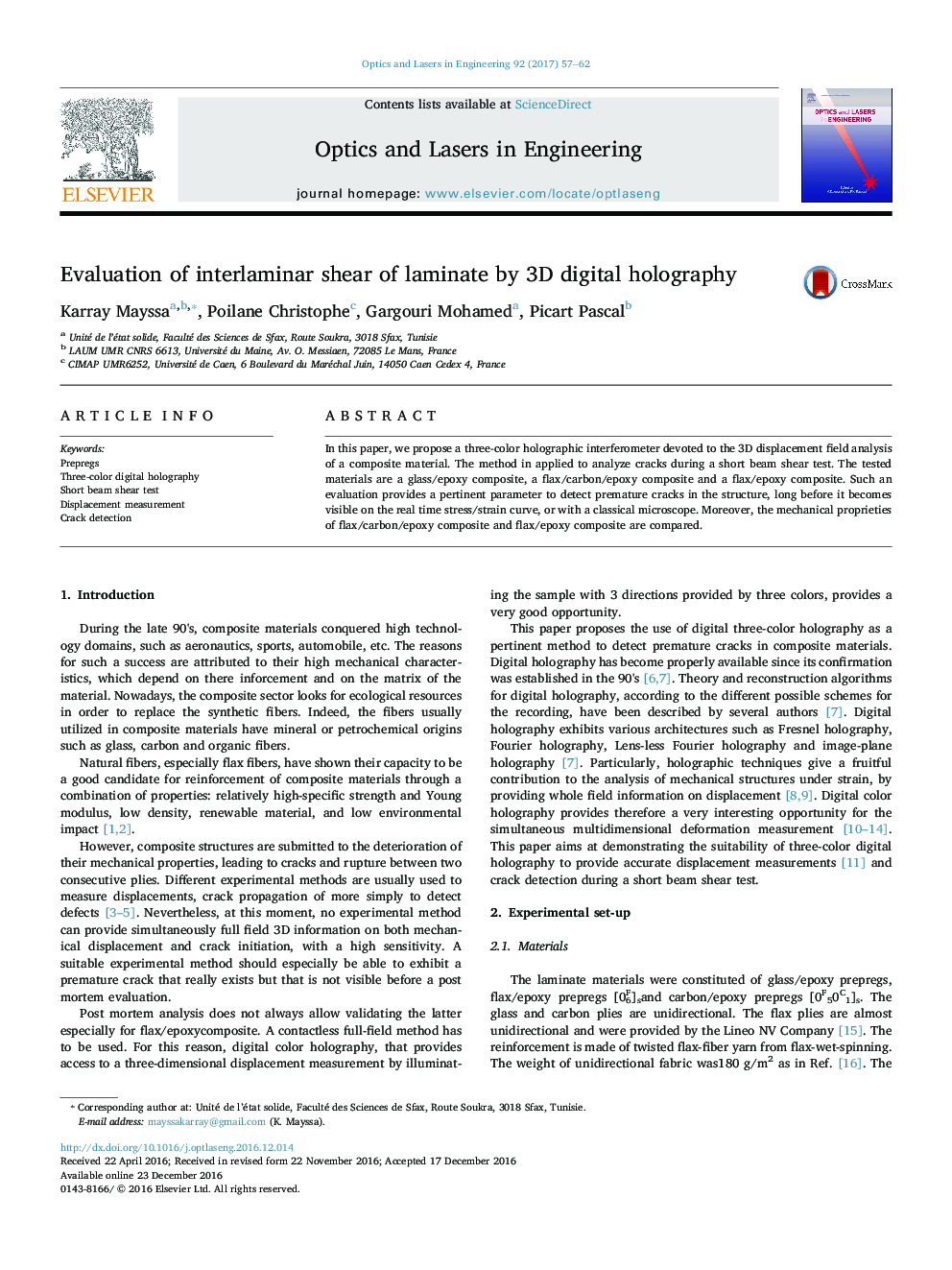 Evaluation of interlaminar shear of laminate by 3D digital holography