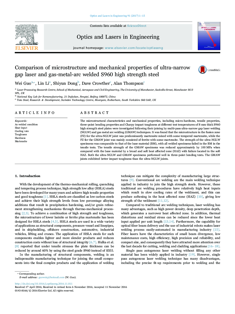 Comparison of microstructure and mechanical properties of ultra-narrow gap laser and gas-metal-arc welded S960 high strength steel