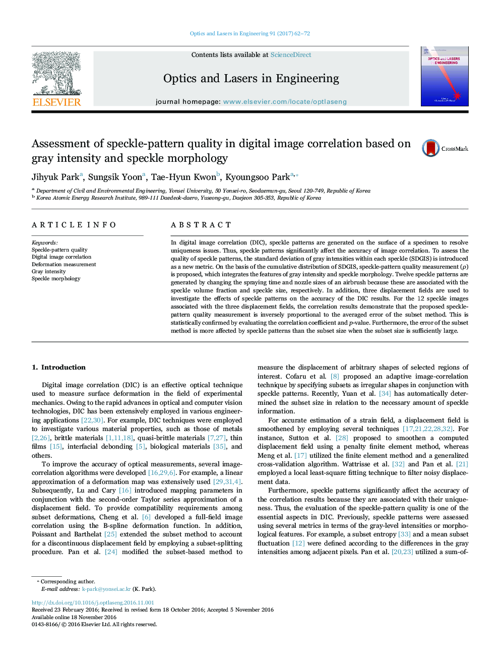 Assessment of speckle-pattern quality in digital image correlation based on gray intensity and speckle morphology