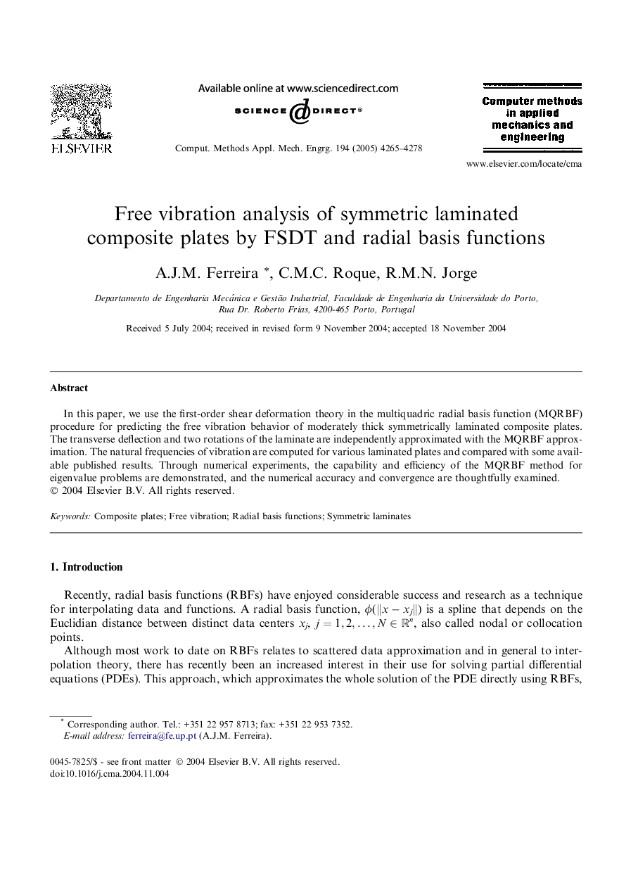 Free vibration analysis of symmetric laminated composite plates by FSDT and radial basis functions