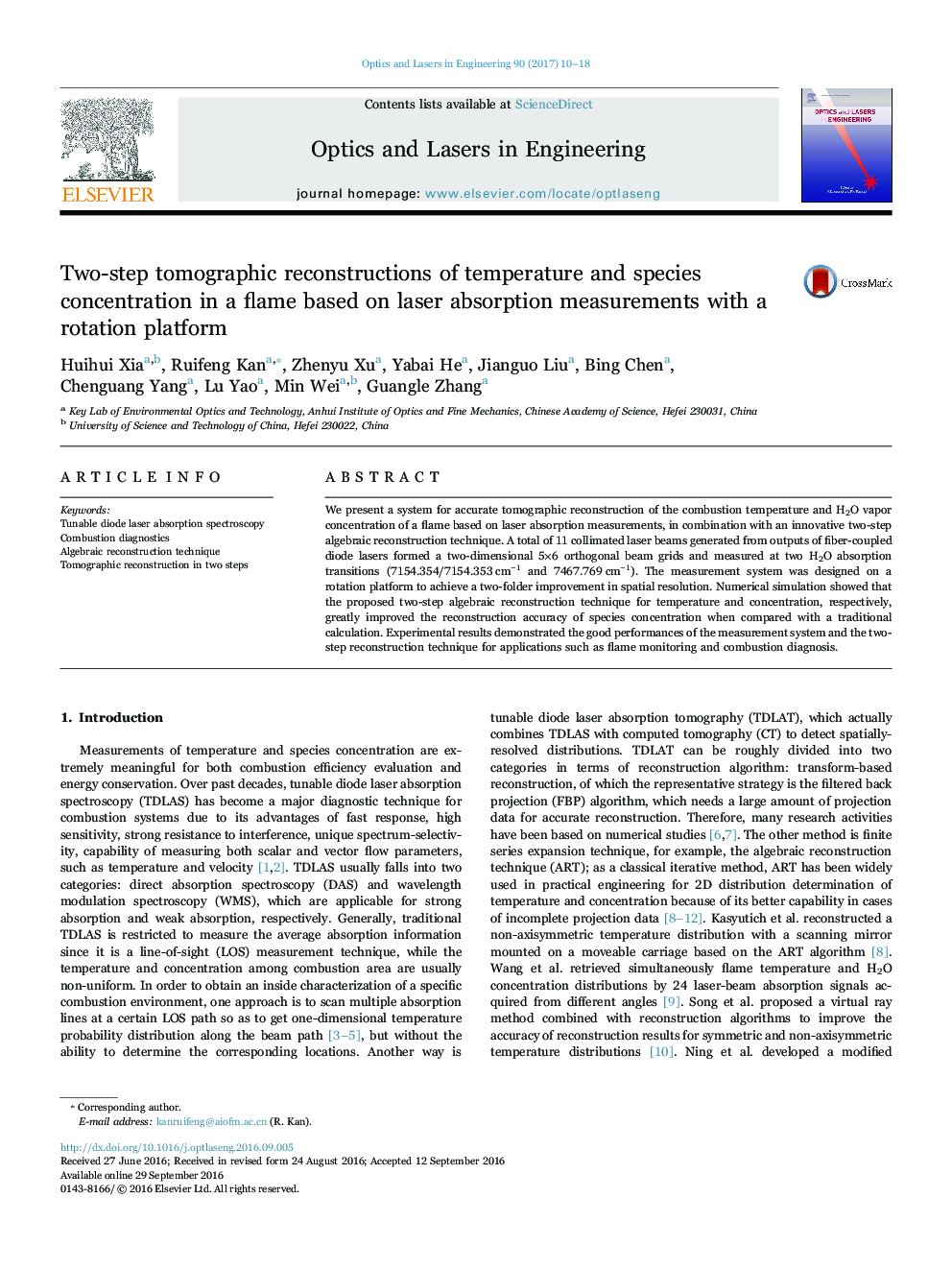 Two-step tomographic reconstructions of temperature and species concentration in a flame based on laser absorption measurements with a rotation platform