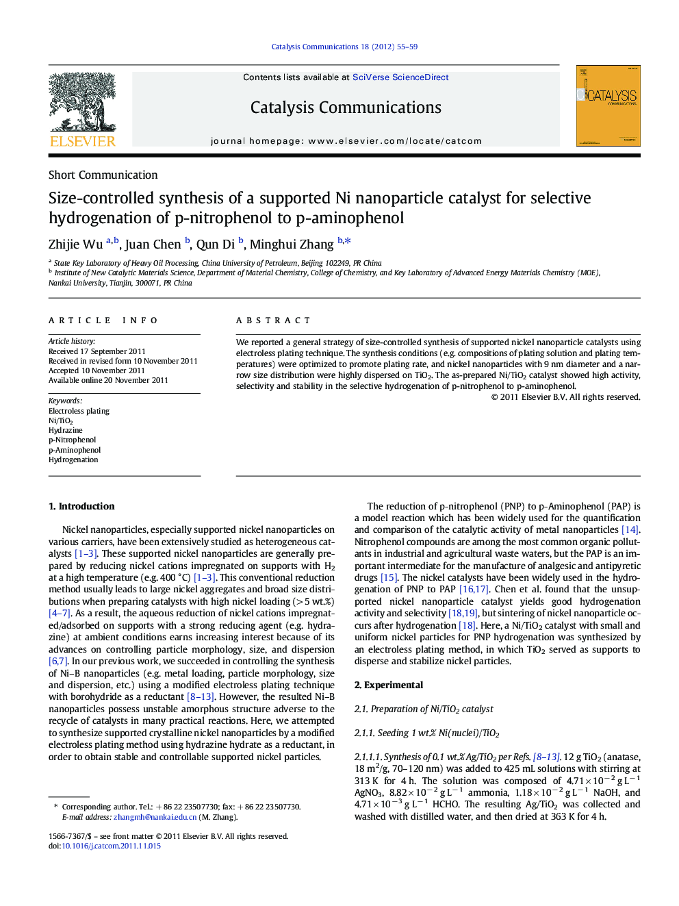 عکس صفحه اول مقاله: Size-controlled synthesis of a supported Ni nanoparticle catalyst for selective hydrogenation of p-nitrophenol to p-aminophenol Size-controlled synthesis of a supported Ni nanoparticle catalyst for selective hydrogenation of p-nitrophenol to p-aminophenol